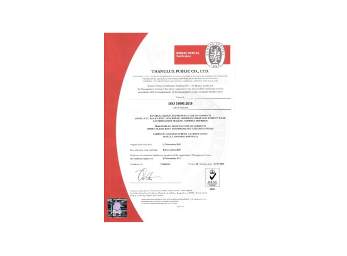 Certificate for ISO 14000:2015